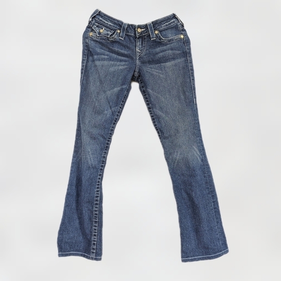 True Religion SandBlasted Bling Button Low-Rise Bootcut Blue Jeans Rivets- sz 26 - Picture 1 of 10